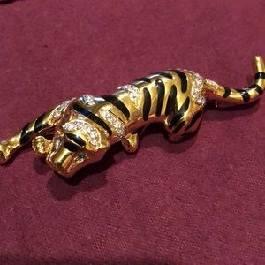 Gold Tiger Brooch Rhinestones & Emerald-like Eyes